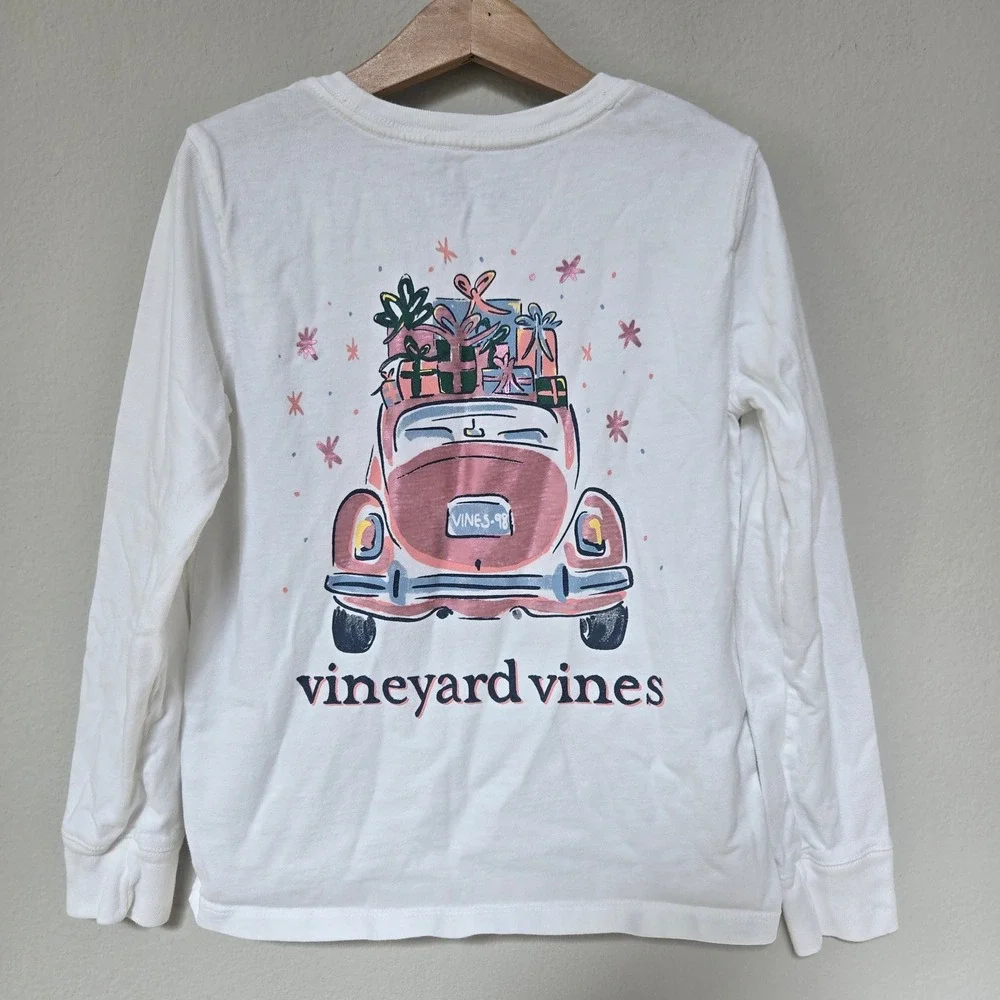 Vineyard Vines Graphic Tee Kids 7 White Holiday Car Long Sleeve Christmas Shirt